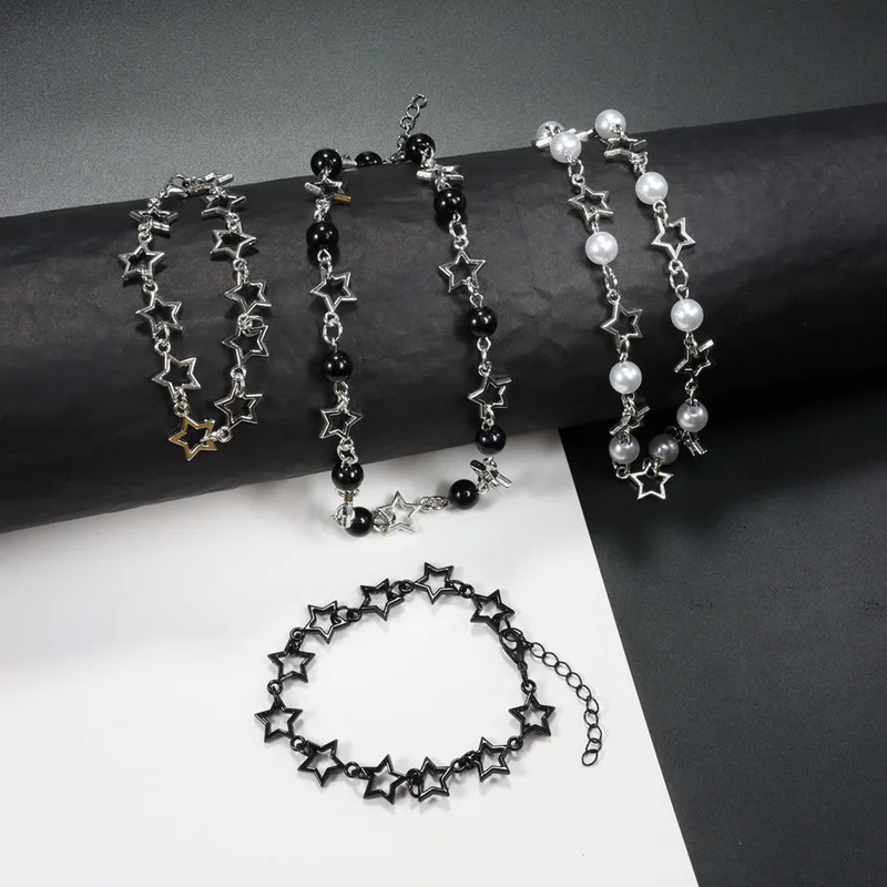 Rinhoo Harajuku Crystal Star Pentagram Pearl Beaded Bracelet for Women Vintage Aesthetic Charm Chain Bracelet Jewelry Gifts