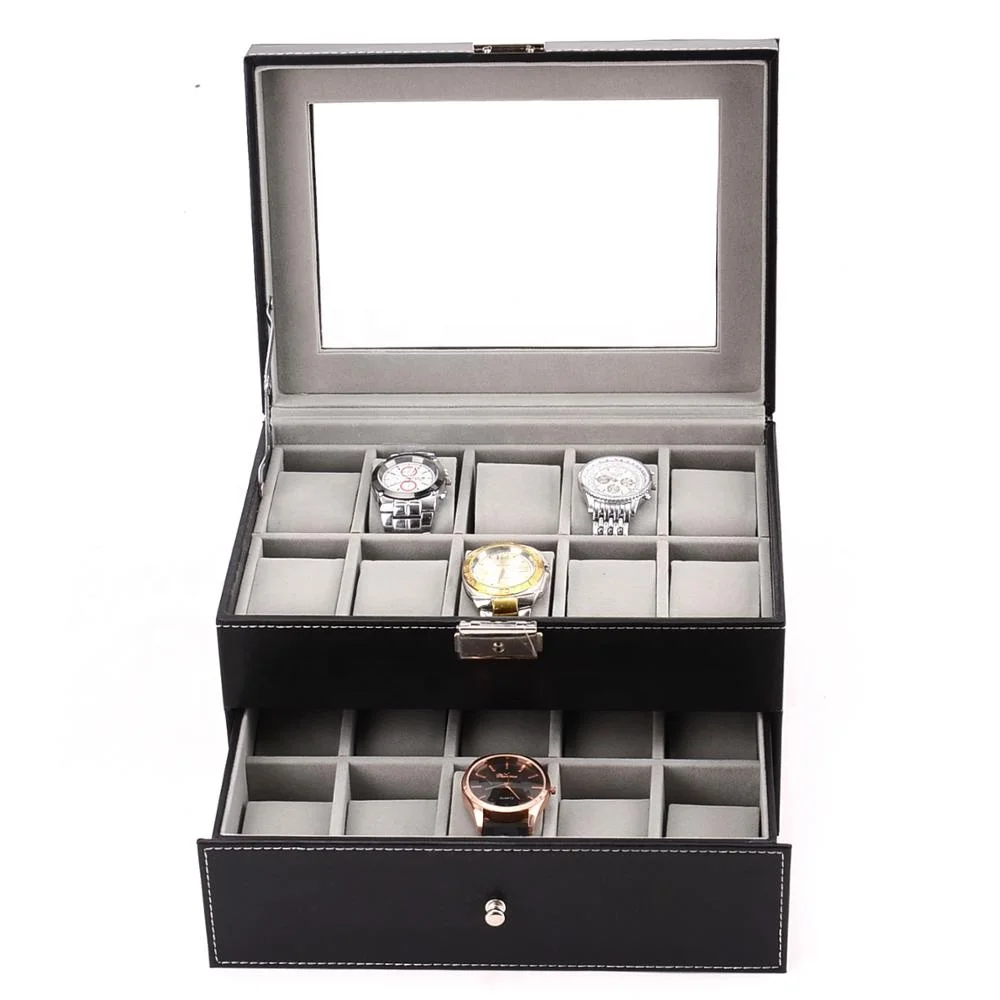 Two Layers Design wrist watch box, Luxury Black watch storage box, luxury watch box leather