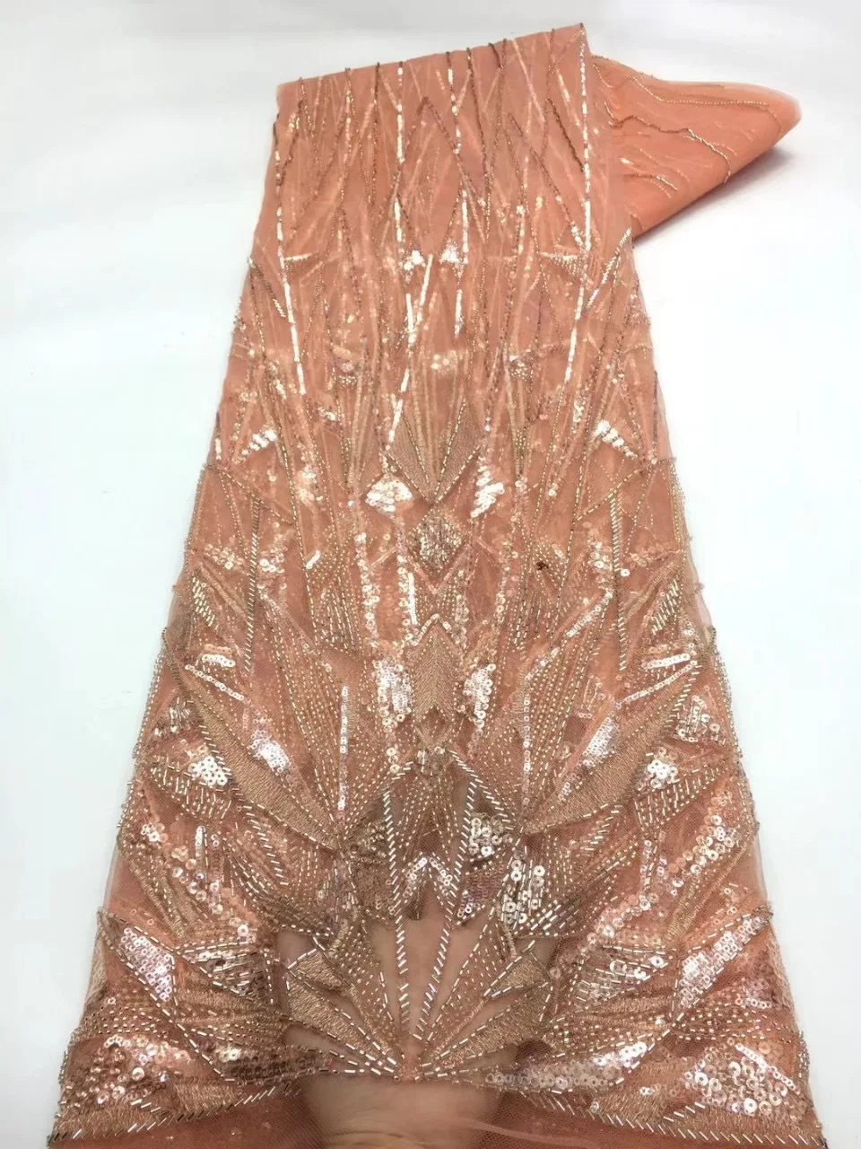 Luxury French Lace Fabric Sequence Handmade Beaded White Crystal Rhinestone Heavy Beaded Lace Fabric