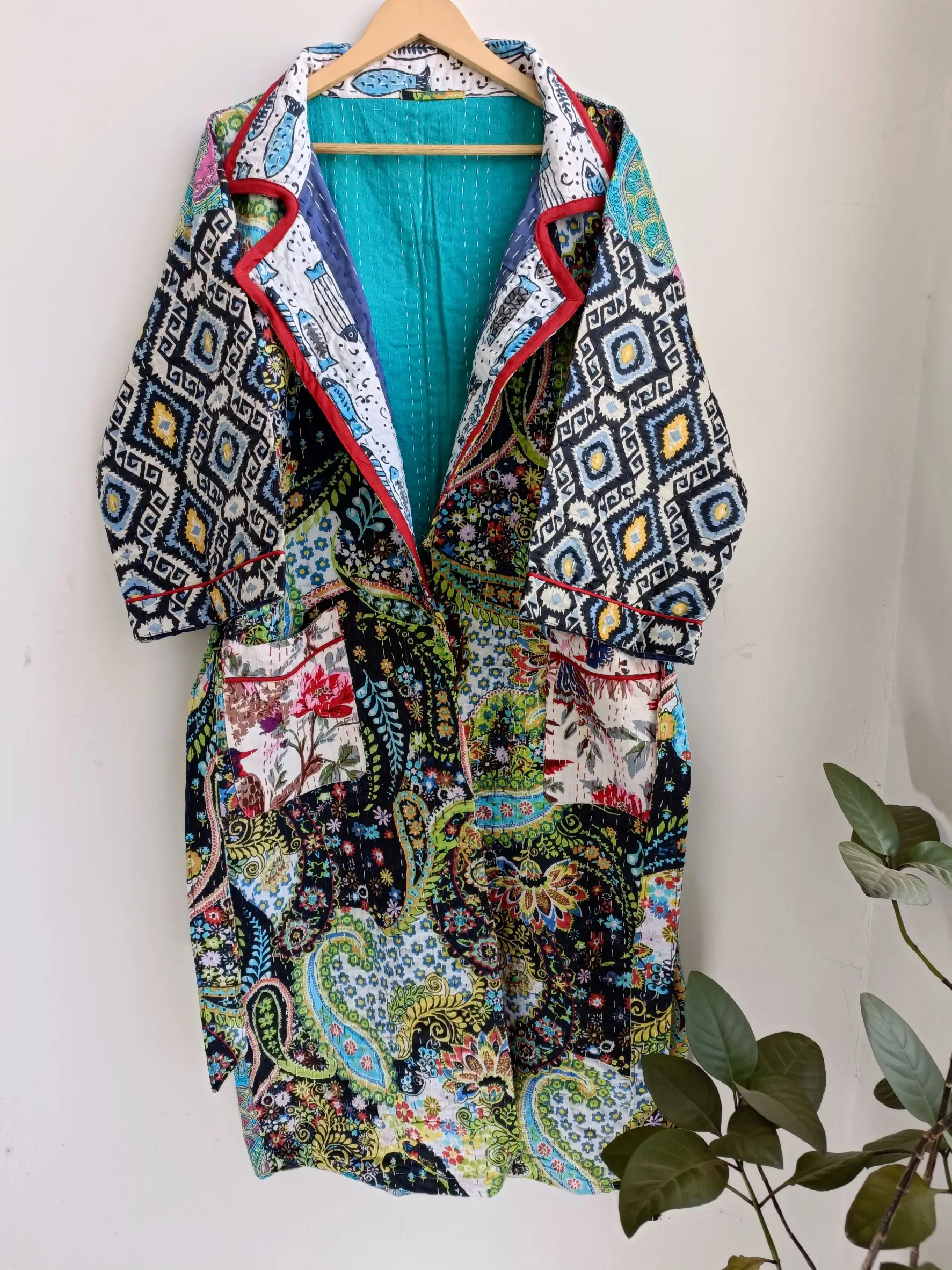 Indian Kantha Printed Robe Gown Women Boho Maxi Long Kimono Dress Sleepwear at Wholesale Price from India