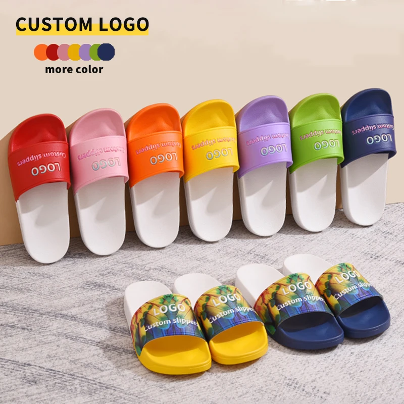 custom colorful relief logo sandals pvc flat slippers printed embossed slippers rubber slides