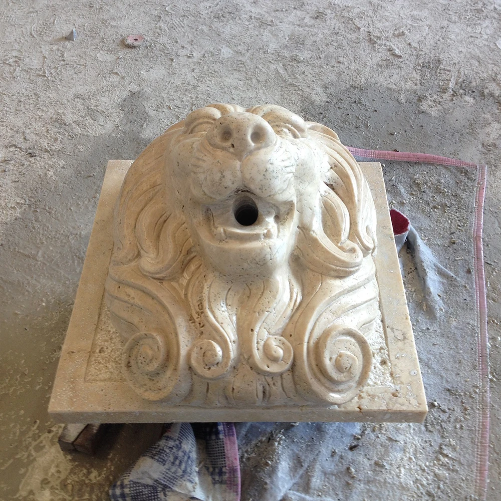 Beige travertine natural stone lion head omitting water wall fountain