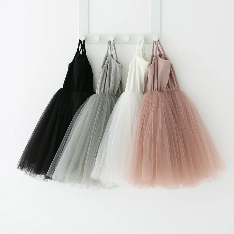 Toddler Baby Girls Tutu Dress Tulle Sundress Ribbed Top Layered Tulle Skirt Spaghetti Strap Dresses M3549