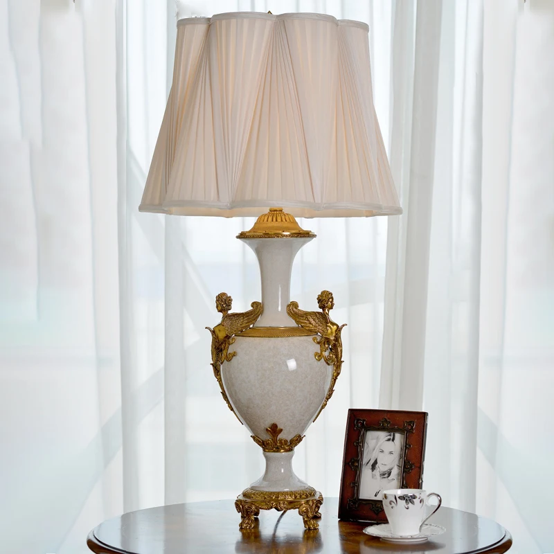 Cream Colored Shade Table Lamp Desk Light Indoor LED Electric Lighting Cloth with Crystal Vase Table Brass Bronze Copper White