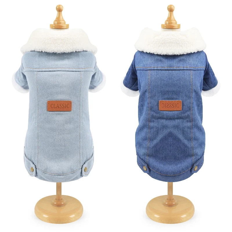 Wholesale Fashion Thick Winter Warm Wool Collar  Jeans Dog Coat Pet Denim Jacket