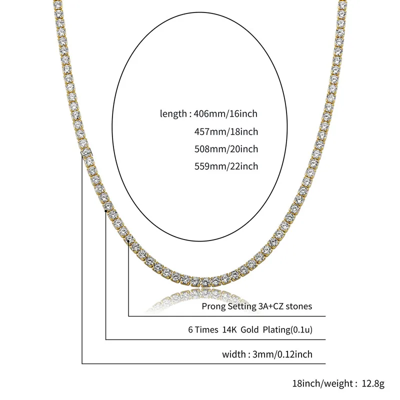 Fashionable street personality cool male female accessories hip hop tennis chain 925 sterling silver set zircon necklace