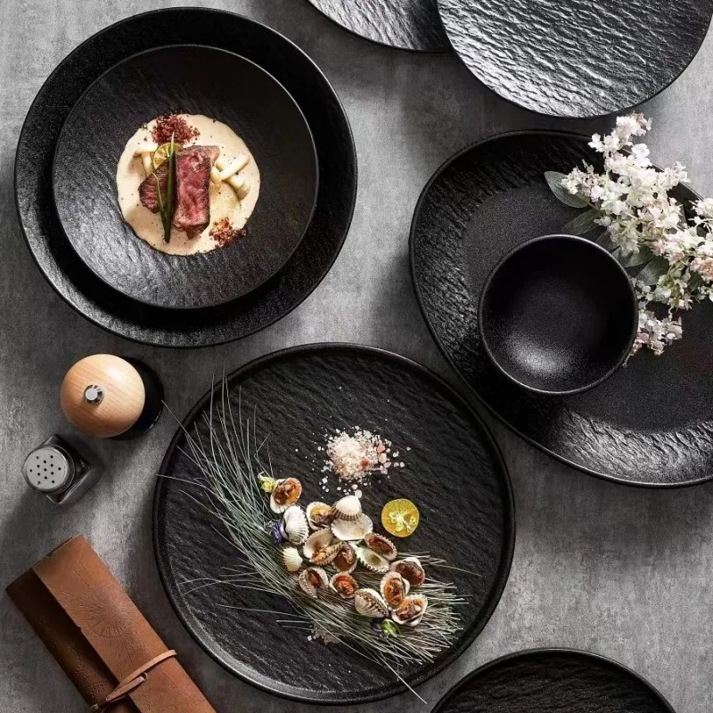 Nordic Rustic Stoneware Ceramic Dinner Plate Outdoor Restaurant Used Catering Durable Dish Porcelain Plate Set Minimalist Party