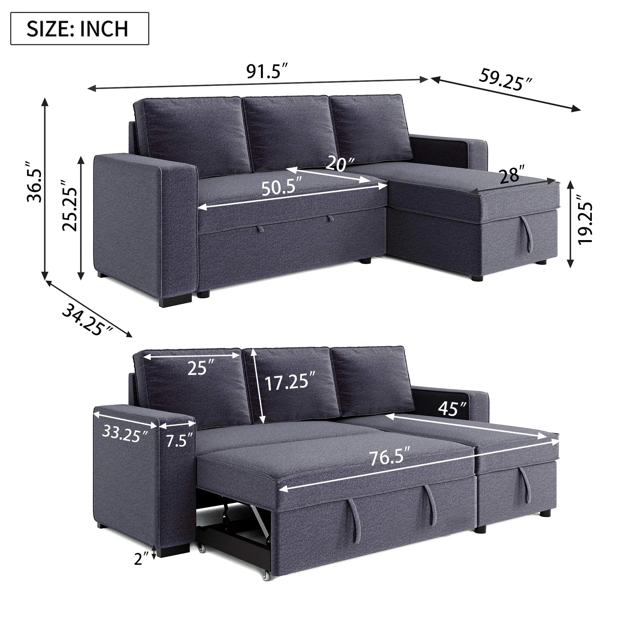 classic upholstery dark grey fabric foldable convertible corner l bedroom living room sofa cum bed with storage Ottoman box