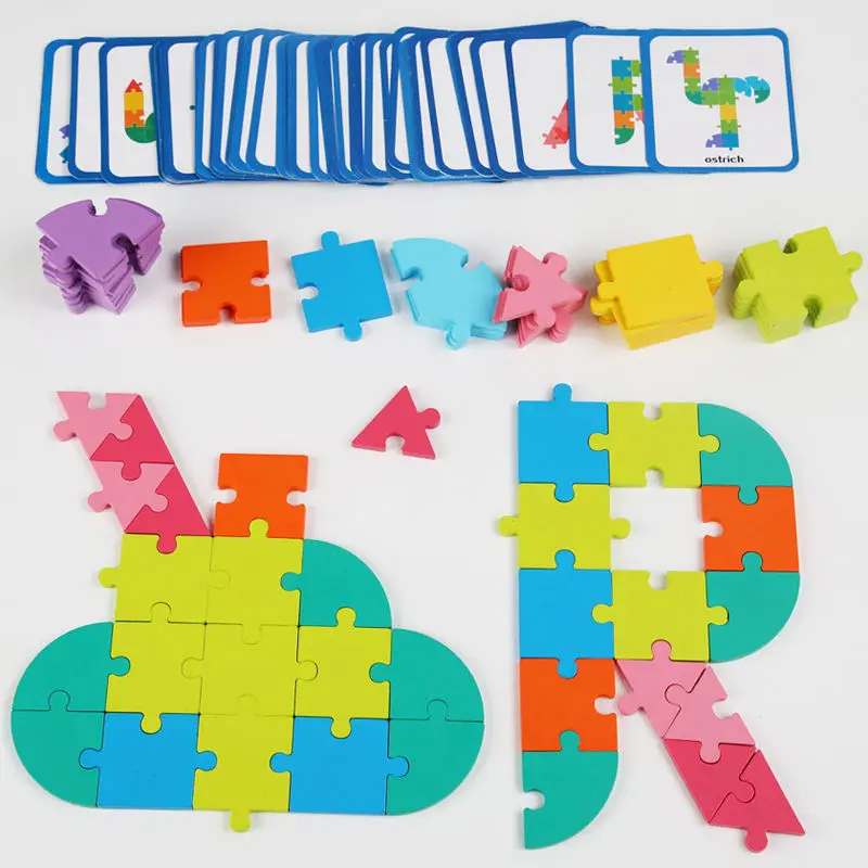 Wooden Pattern Blocks Shape Matching Game Diy Jigsaw Puzzle 3d Wooden Animal Puzzle With Cards Educational Toys For Children