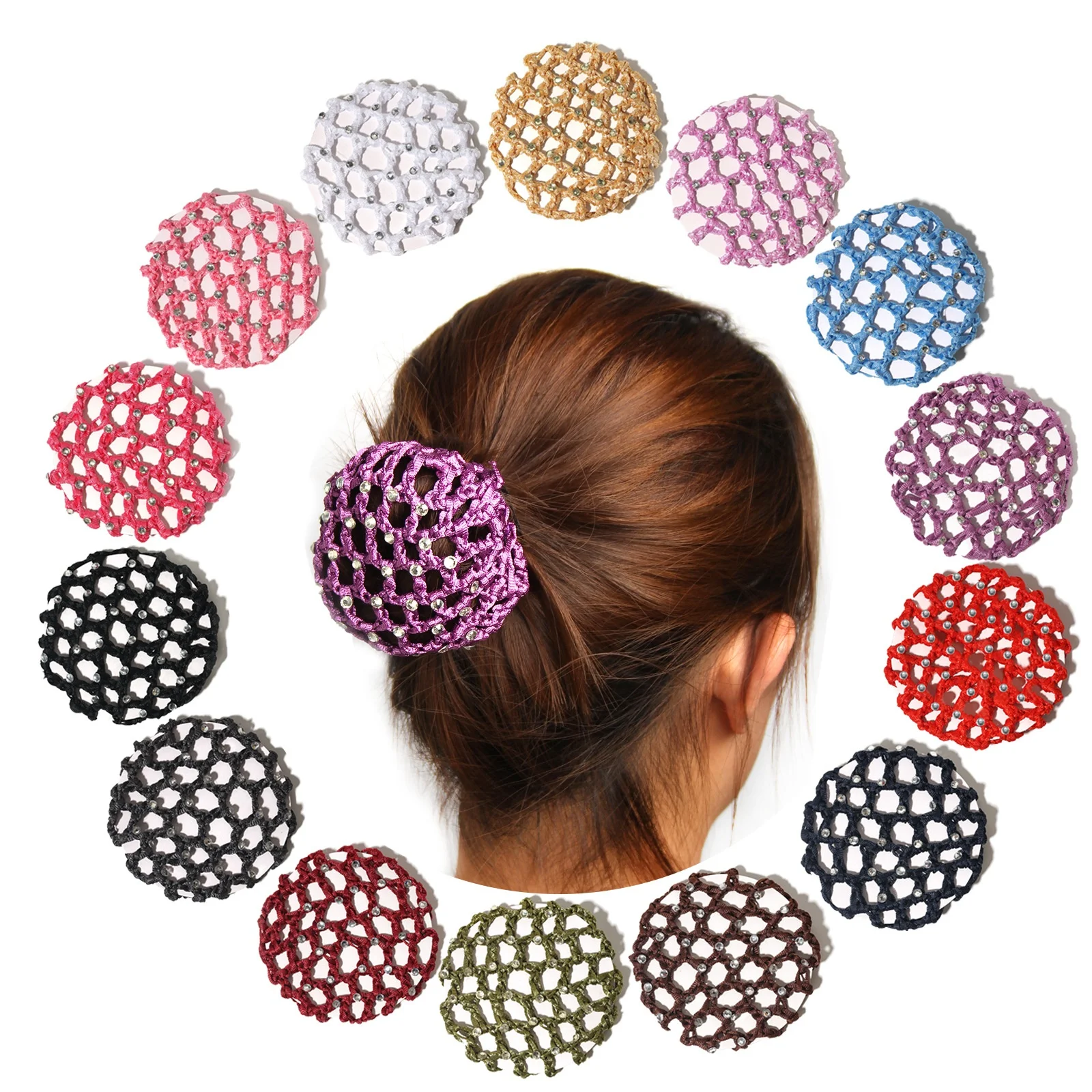 New dance hair accessories circles tie crystal hair scrunchies band sparkle rhinestone braid wrap mesh ponytail bun hair net