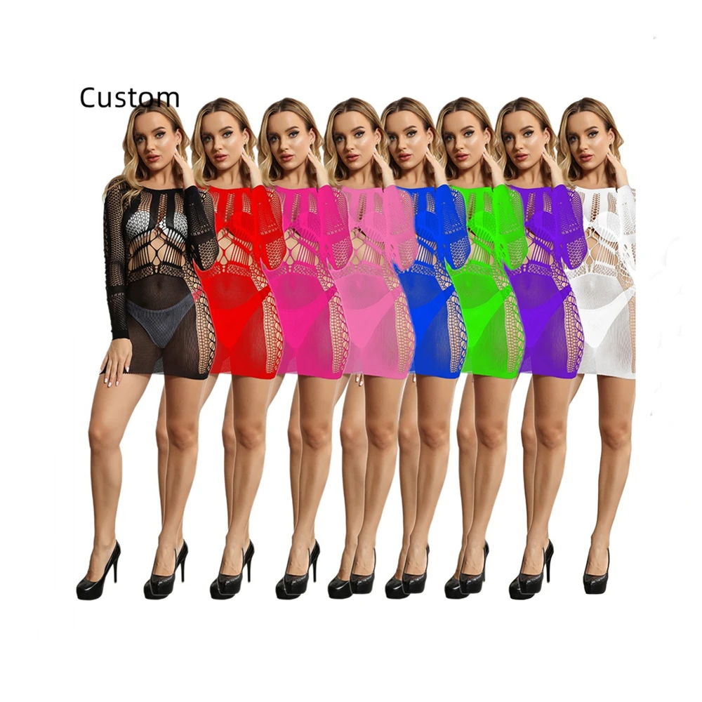 INS Women Custom OEM&ODM Plus Size Lingerie Bodysuit Erotic Sexy Long Sleeve Short Skirt Fishnet Body Stocking Dress