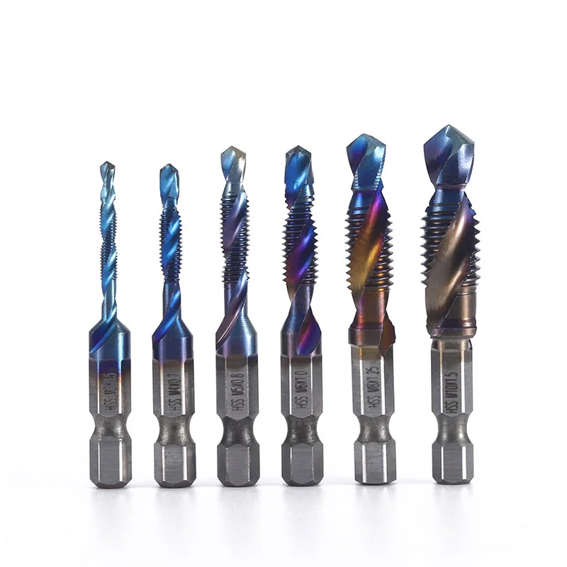 6Pcs short HSS 4241 blue metric Hex M3-M10 Composite/combination screw thread tap taper Drill Bit set tool
