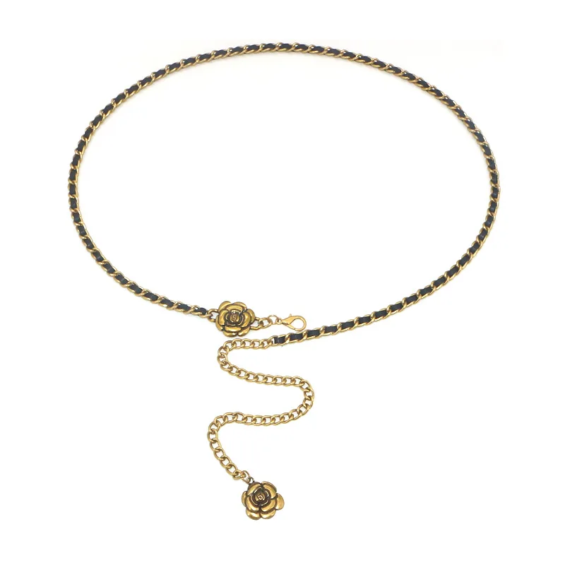 Popular Camellia Chain Belt Vintage PU Leather Metal Belt Adjustable Ladies Waist Chain Designer Leather Belts Cadena De Cintura
