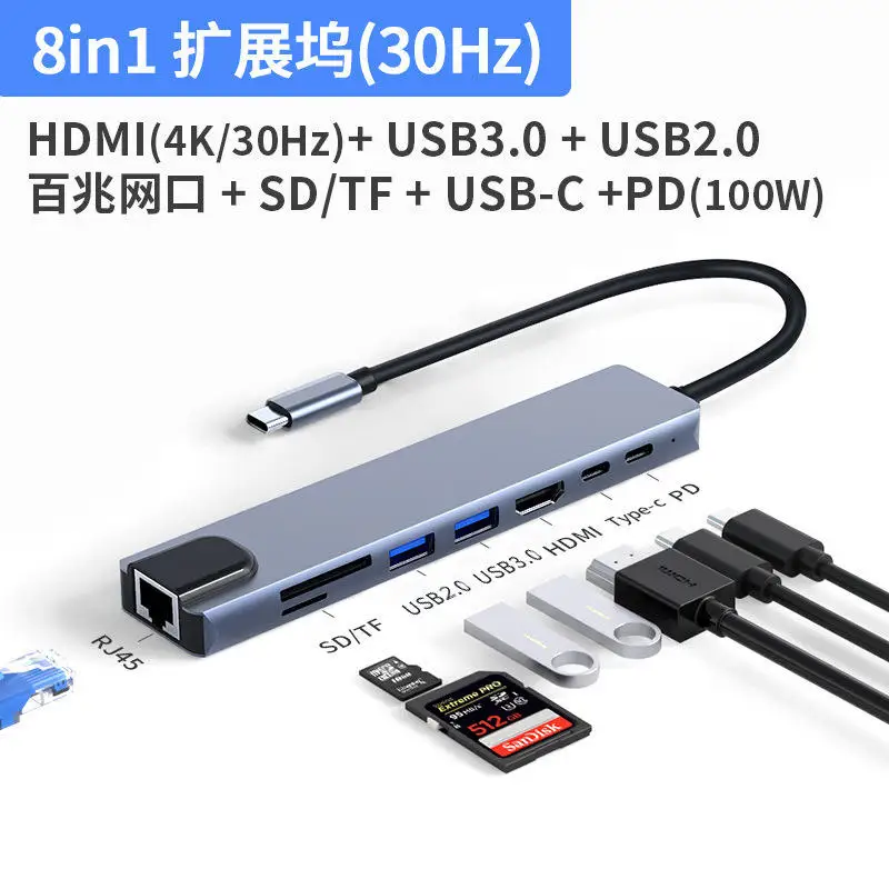 8 In 1 Usb-c Hub Adapter Type-c Kabel Naar 4k 60hz Converter Ethernet 3.0 Usb C 8 In 1 Hub Usb Charging Station Dock