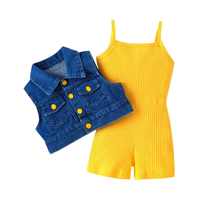 Latest Kids Sets Summer Girls Clothing Denim Vest and Solid Color Sleeveless Jumpsuit 4-7 Years Girls Clothes