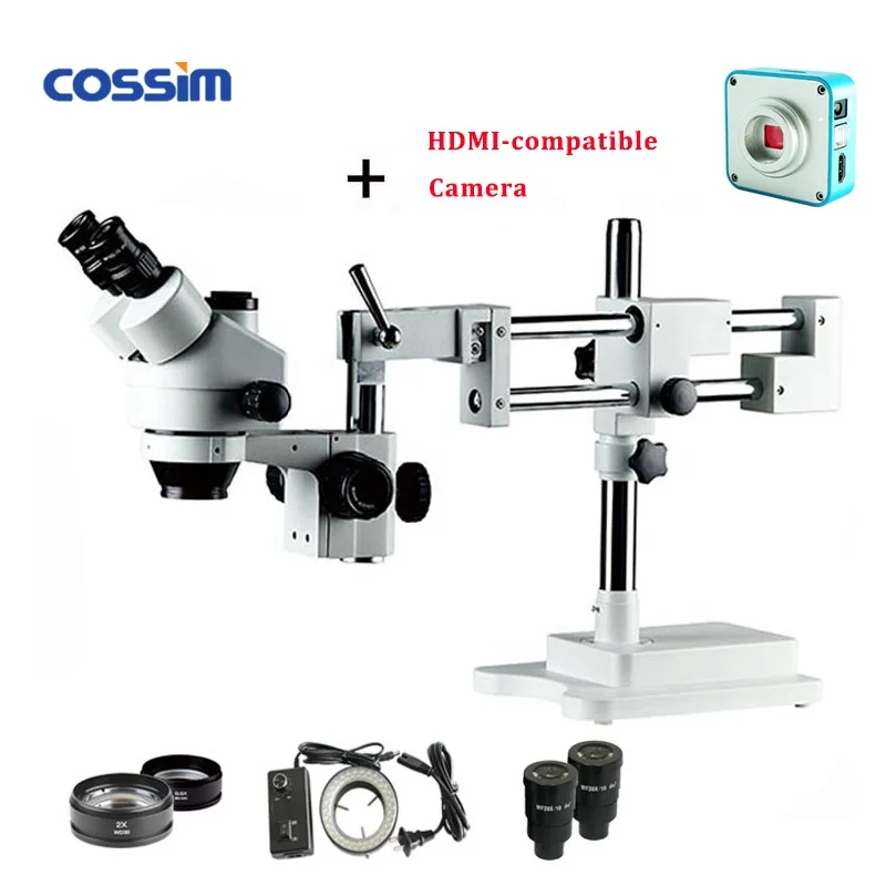 3.5X-90X Trinocular Simul Focal Stereo Microscope Double Boom Stand Arm Microscope with HDMI-compatible USB Camera