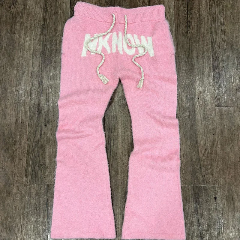 Custom Y2K Thermal Jogger Streetwear Stacked Knitted Casual Fuzzy Flare Mohair Pants Men