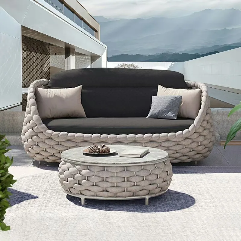 Outdoor Furniture Rattan Wicker Sofa Patio Luxury Design Waterproof Fabric Garden Rope Set