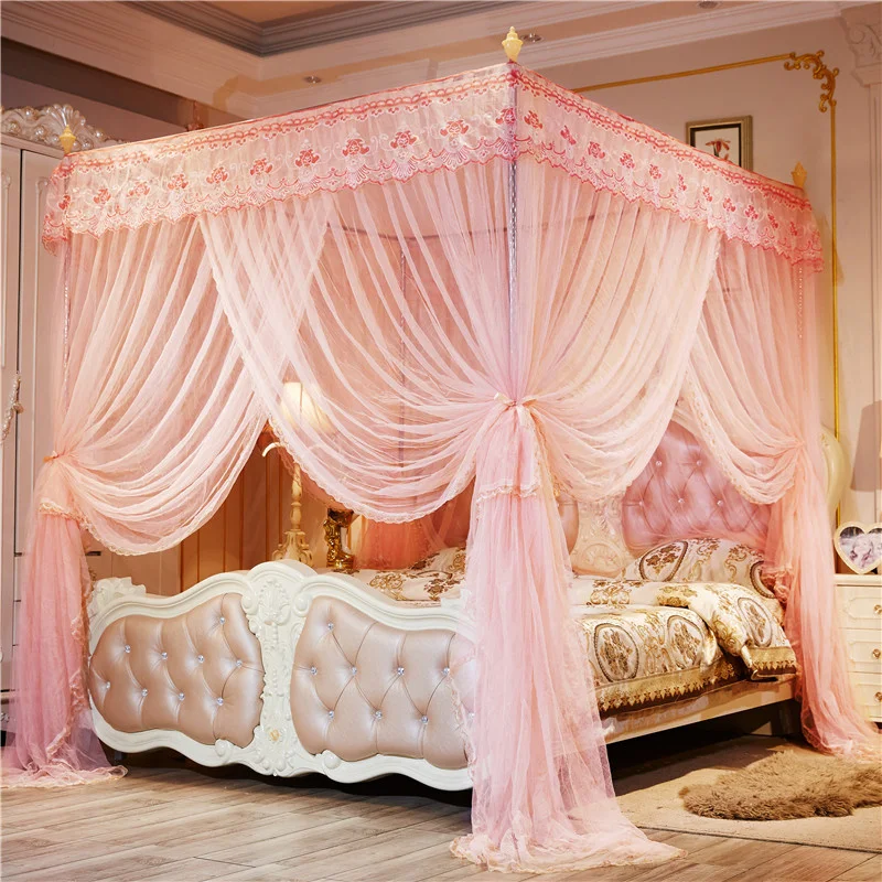 European Four Corner Post Palace Pink Double Bed Folding Foldable New Designer  Mosquito Net for Home Double Queen Size Bed