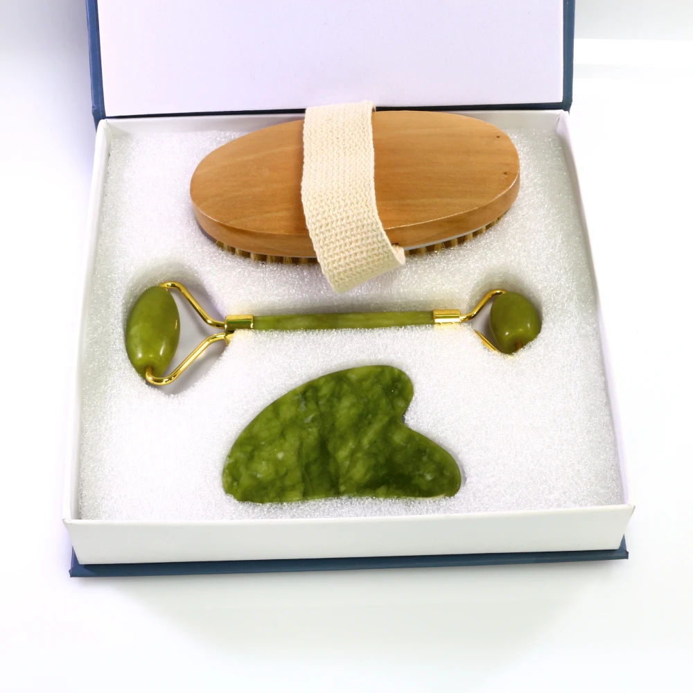 
Popular natural jade roller gua sha set, bath bristle brushes, dry brush bath set included gift box packing 
