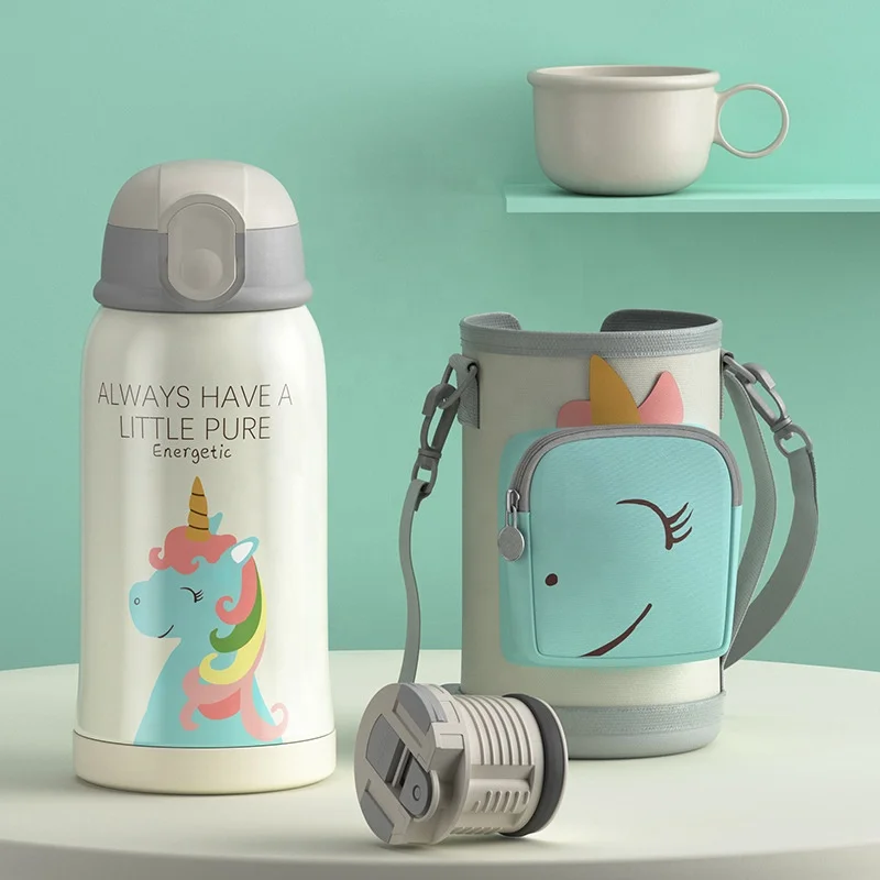 Kid Water Bottle 500ml  Vacuum Cup  With Straw Wholesaler For Outdoors Student Water Cup Lovely Cartoon With Cup Set