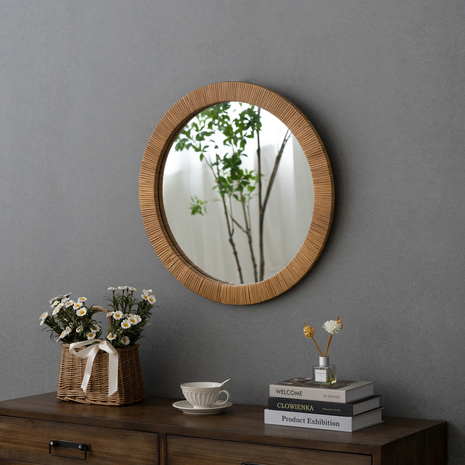 Round Rattan Frame Wall Mirror for Hanging With Best Quality Customized Color And Size For Home And Living Area