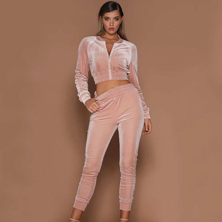Winter ladies high quality velvet fabric suit ladies solid color zipper sweater sports trousers two-piece sportswear suit