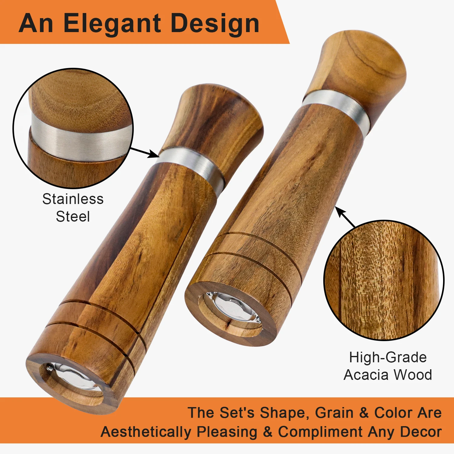 8 Inches Salt Shakers Manual Wooden Salt And Pepper Mills Salt And Pepper Grinder With Adjustable Ceramic Core