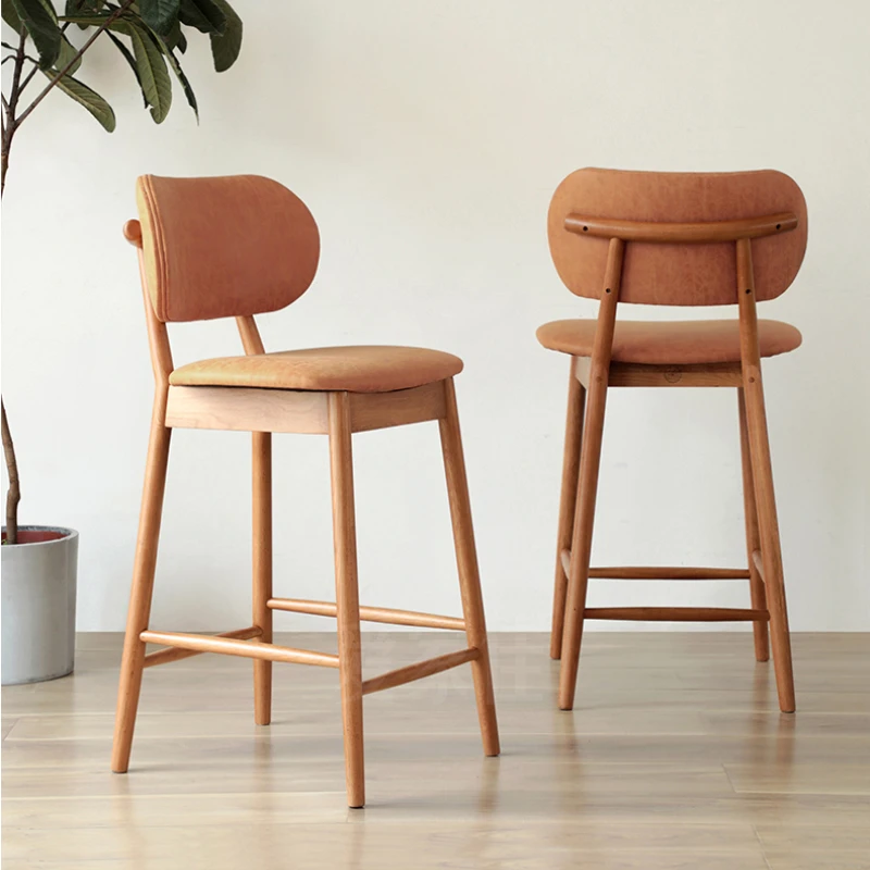 Japanese retro style solid wood bar chair home modern minimalist leather backrest high leg bar stool