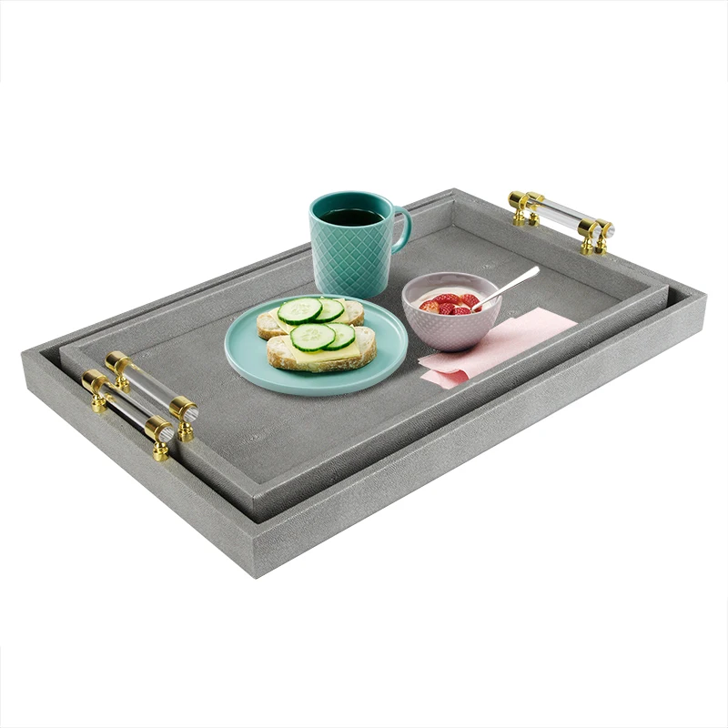 luxury  shagreen leather tray wedding with acrylic handles golden metal accessories