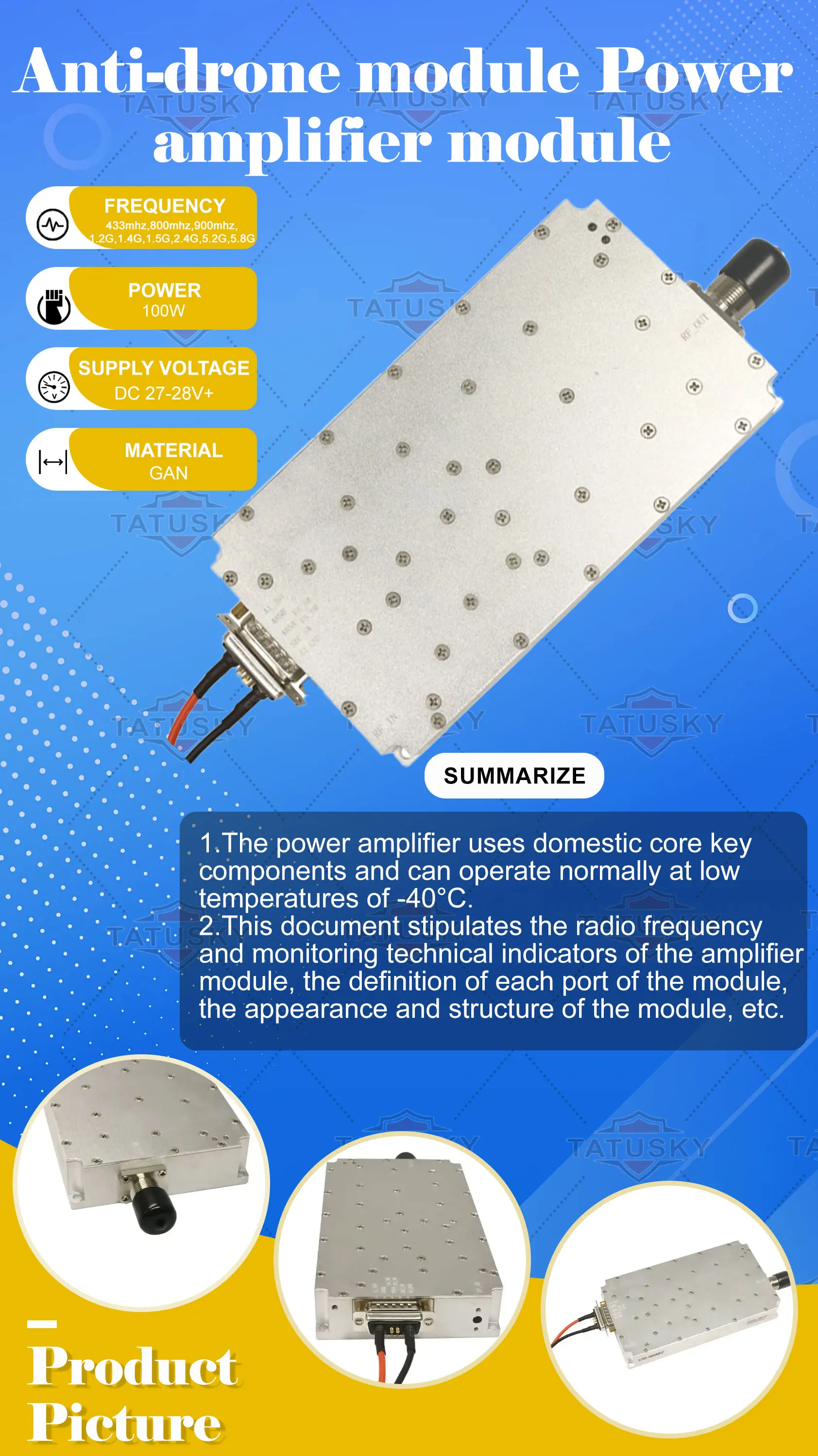 4.9-5.1Ghz 100W  GaN Amplifier  drone counter module for anti drone system anti Autel RF power amplifier