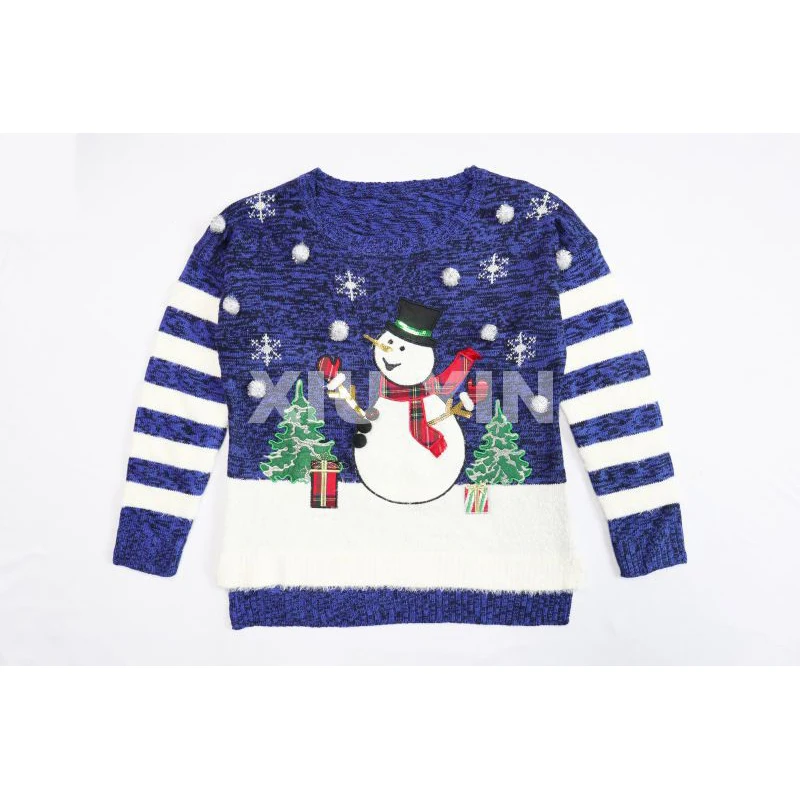 
Blue Ugly Christmas sweater with embroidered Snowman and Christmas tree cardigan with White pompoms 