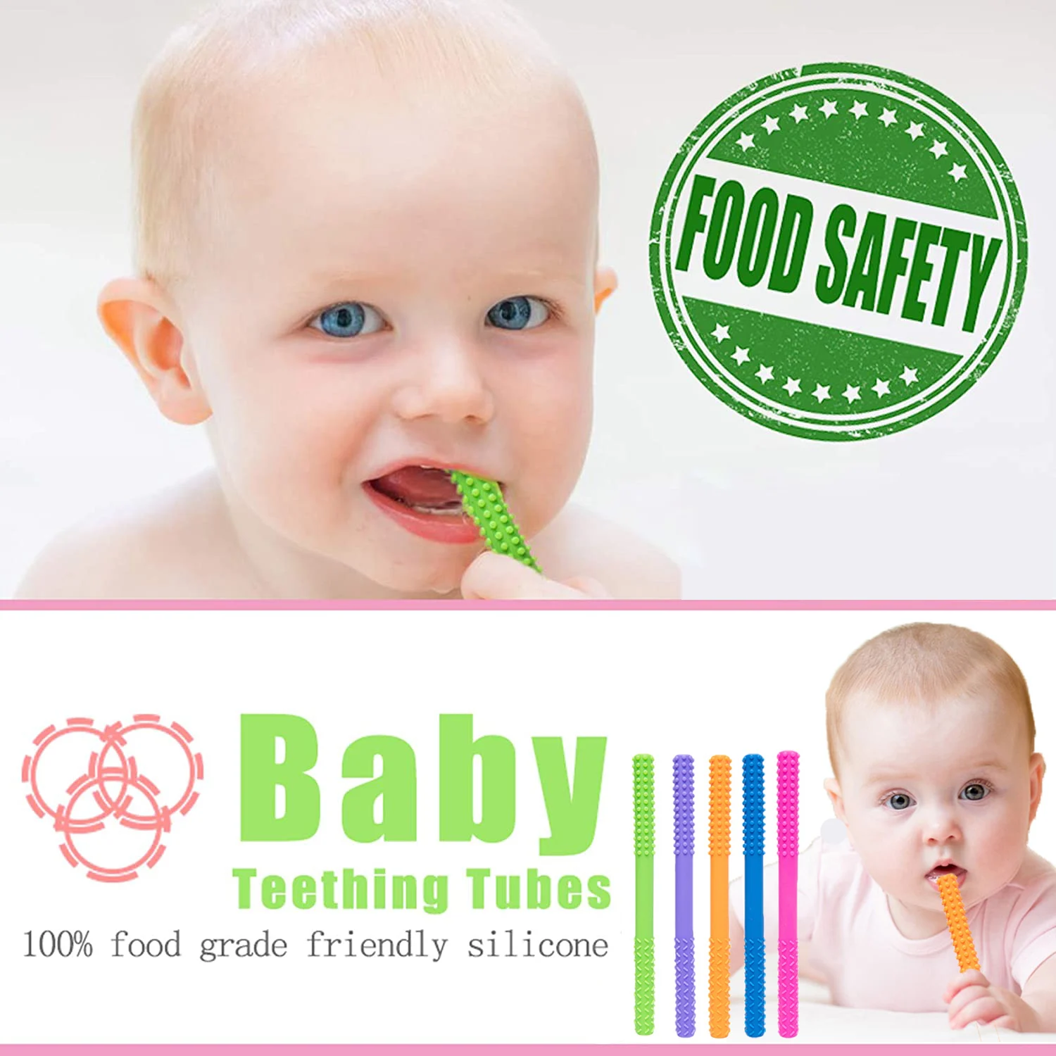 Amazon Hot Sell Hollow Teething Tubes Chew Stick Teether Baby Molar Stick Soft Silicone Toy