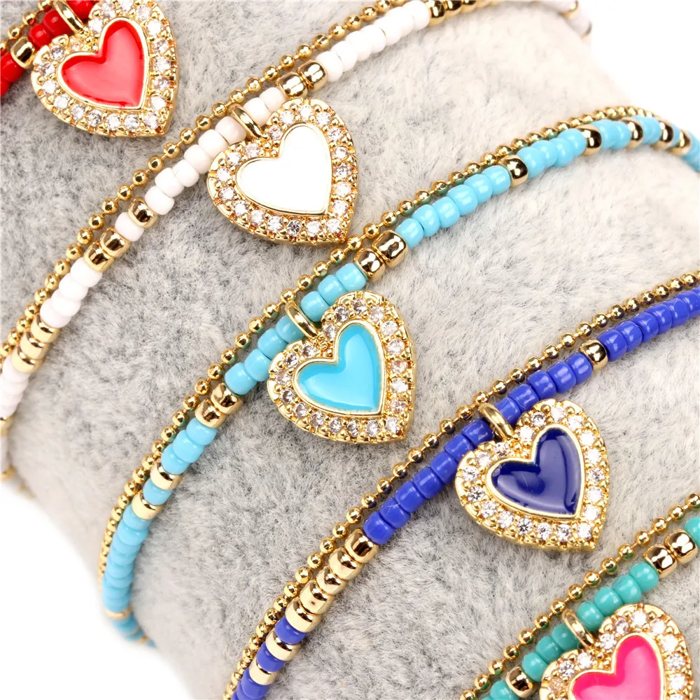 Fashion Cute CZ Micro Paved Double Layers Miyuki Rice Bead Chain Bracelet Glass Beads Rainbow Enamel Love Heart Charm Bracelet