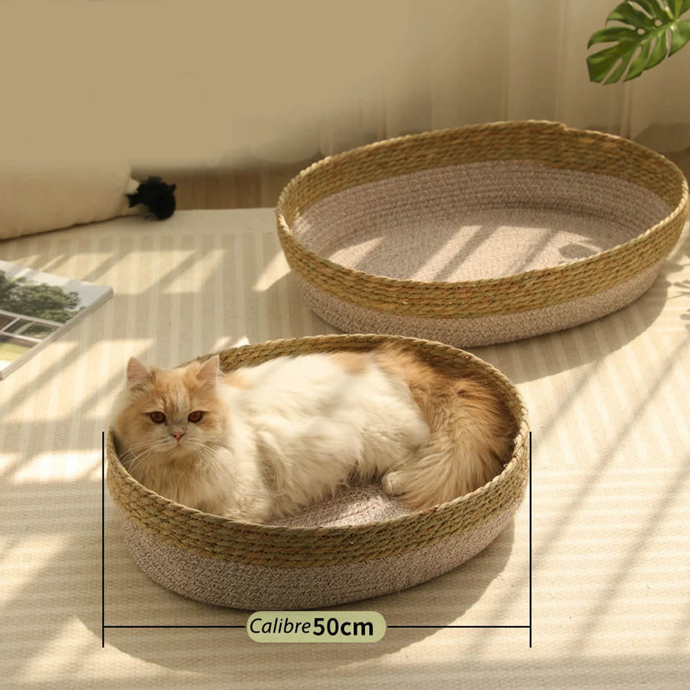 Rattan Pet House Woven Pet Sleeping Basket Beds With Plump Pillow Wicker Cat & Dog Bed