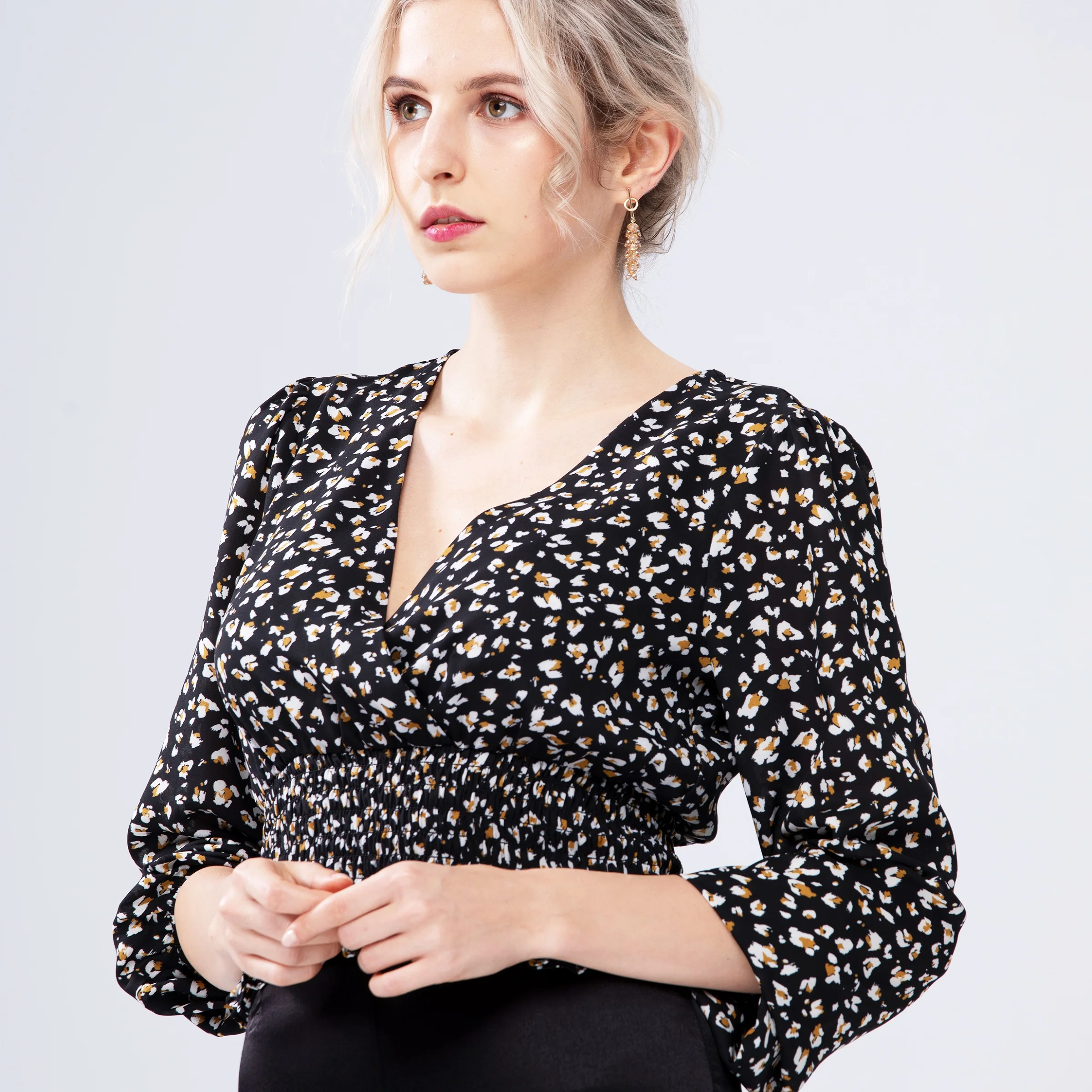 Ladies Spring Black Long Sleeve V Neck Casual Elegant Smocking Womens Cute Shirt Blouses