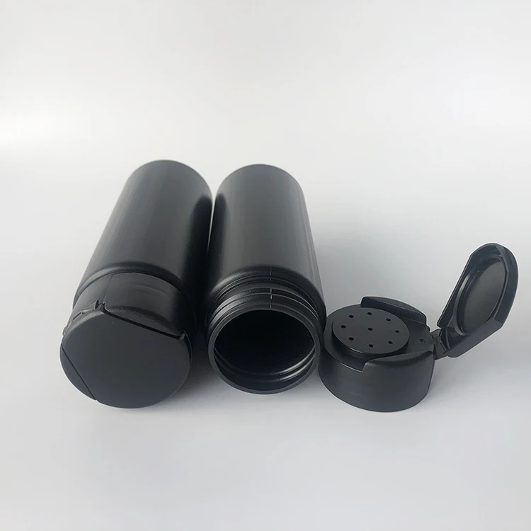 Wholesale empty 150ml black plastic baby talcum powder bottle, 150grams loose powder bottle container with flip top cap