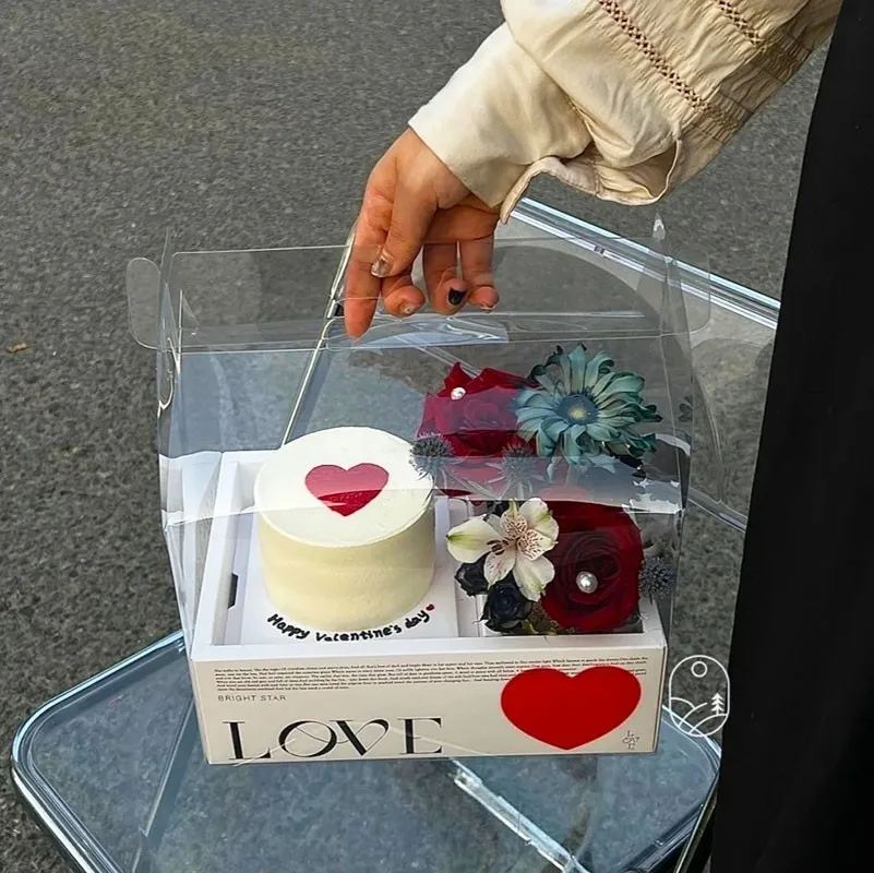Exquisite Flower Cake Box Floding Transparent Christmas Anniversary Empty Gift Dessert Paper Packaging Box  With Handle
