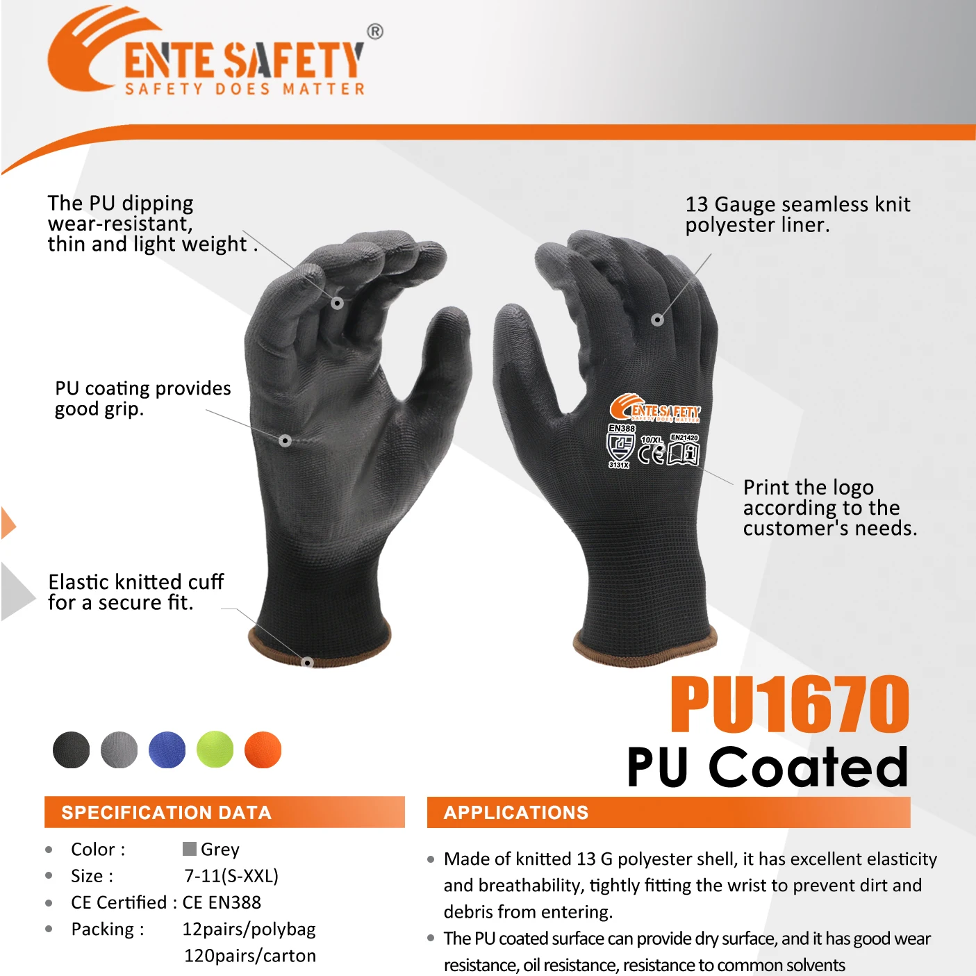 ENTE SAFETY Industry Polyester Lining Knitted Gloves PU Coating Anti-Slip Breathable Construction EN388 4141X Work Gloves