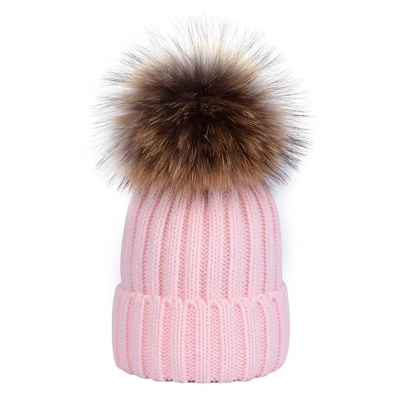 Five Colors Womens Real Natural Raccoon Fur Pompom Beanies Acrylic New Design Hats Girls Warm Caps