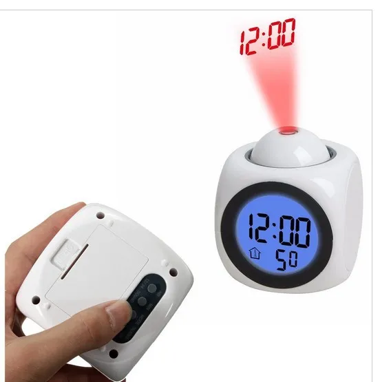 Tabletop Talking Voice Prompt Thermometer Snooze Function Desk LCD Projection LED Display Time Digital Alarm Clock