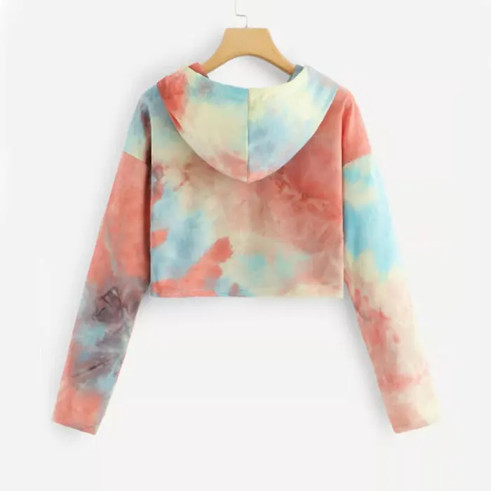 
Ladies Water Color Crop Hoodies Multi-color Casual Women Drawstring Hooded Sweatshirt Tie Dye Long Sleeve Hoodies 
