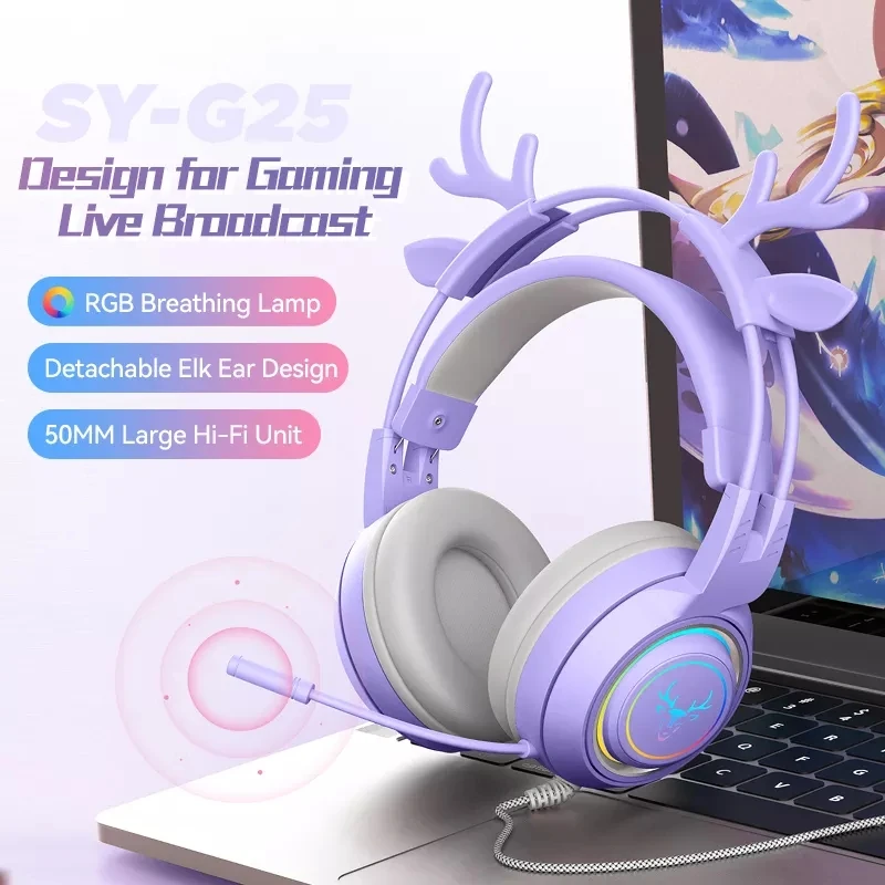 Deer Horn Antler Cat Ox Ear RGB Game Wired Headset Earphone Surround Sound Headphones