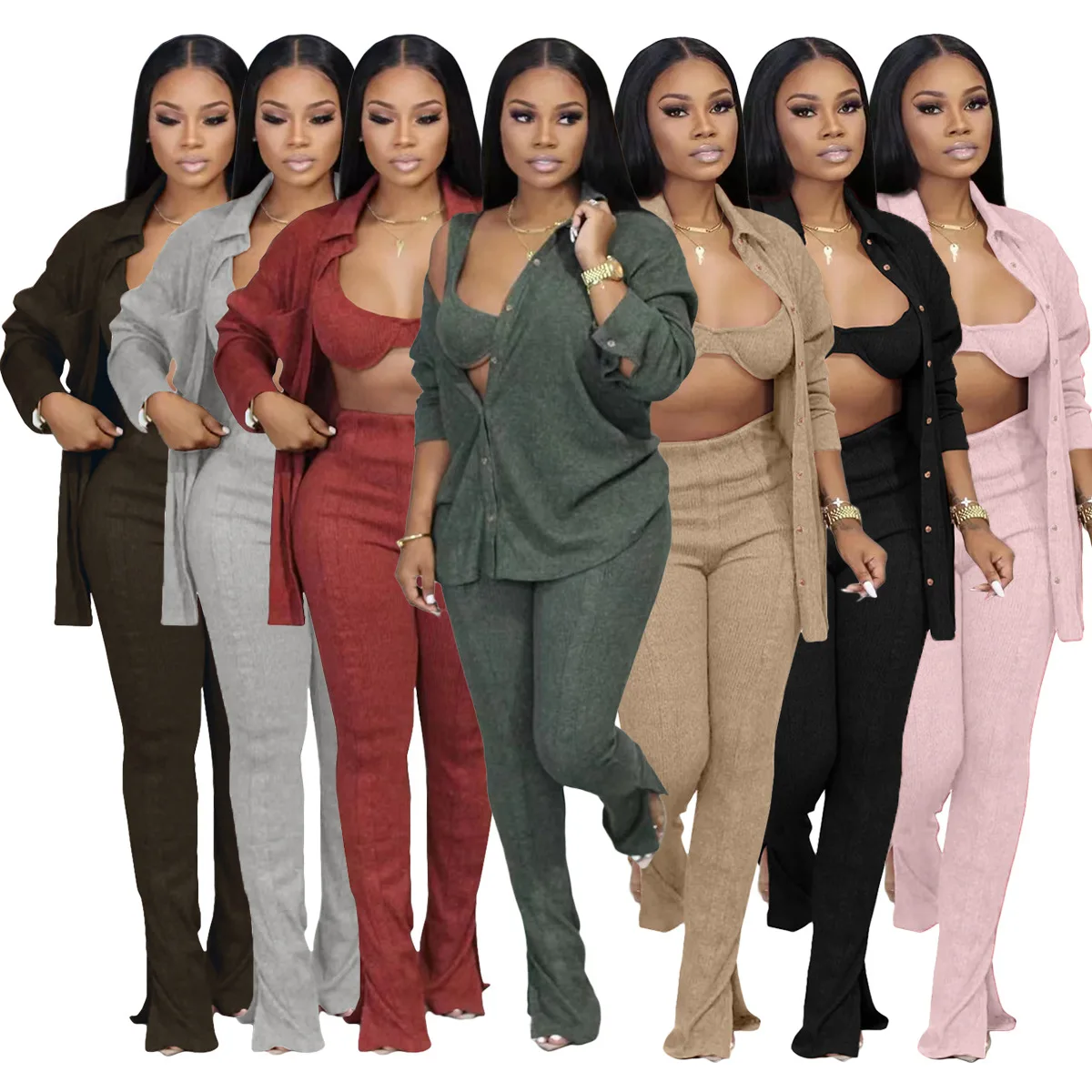 New Arrival Fall Winter Casual Coat Leggings Outfits Rib Knit Cardigans Three Piece Women Clothing 3 Piece Pants Set Women