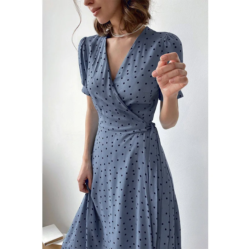 New Summer Women Fashion Polka Dot V Neck Dress Short Sleeve Midi Wrap Party Dress Casual Dress
