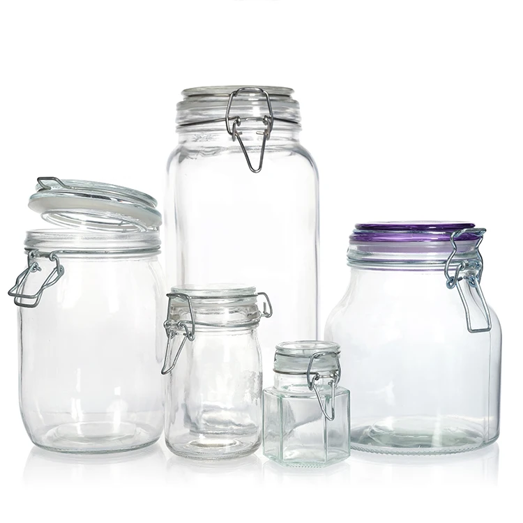 750ml 1000ml 1500ml Glass Jar Container Square Round Airtight Clip Top Glass Storage Preserving Jars