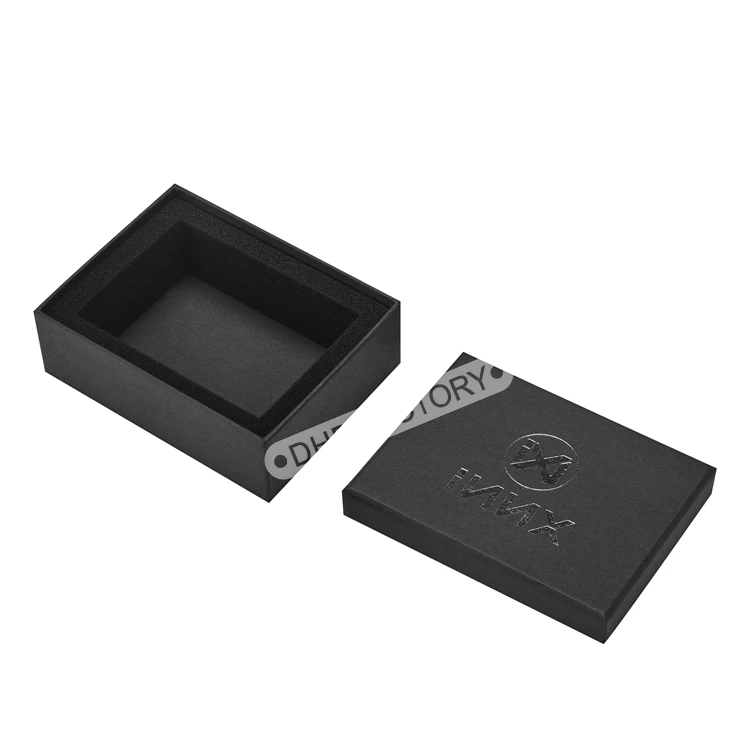 Oem Design Premium Handmade Spot UV Tiny Two Pieces Black Kraft Rectangle Paper Cardboard Gift Box Packaging With Foam Insert