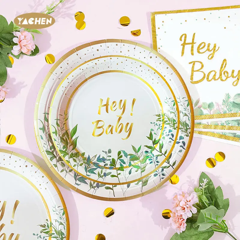YACHEN Greenery Baby Shower Party Supplies Disposable Baby Birthday Party Tableware set Paper Plates Napkins Cups