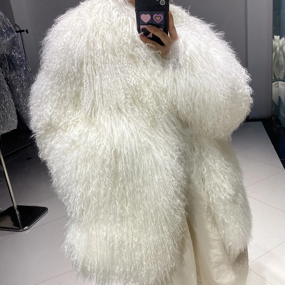 2024 Winter warm white mongolian fur coats wholesale white fluffy sheep fur coat real curly fur coat women