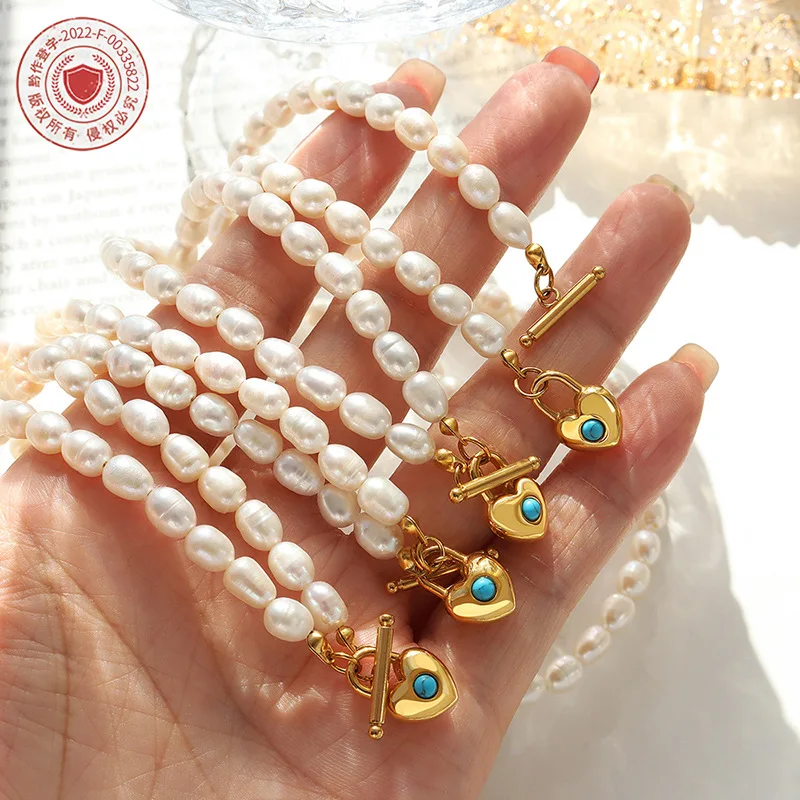Aimgal 5mm natural freshwater pearl necklace blue turquoise lock pendant 316L stainless steel plated 18k gold